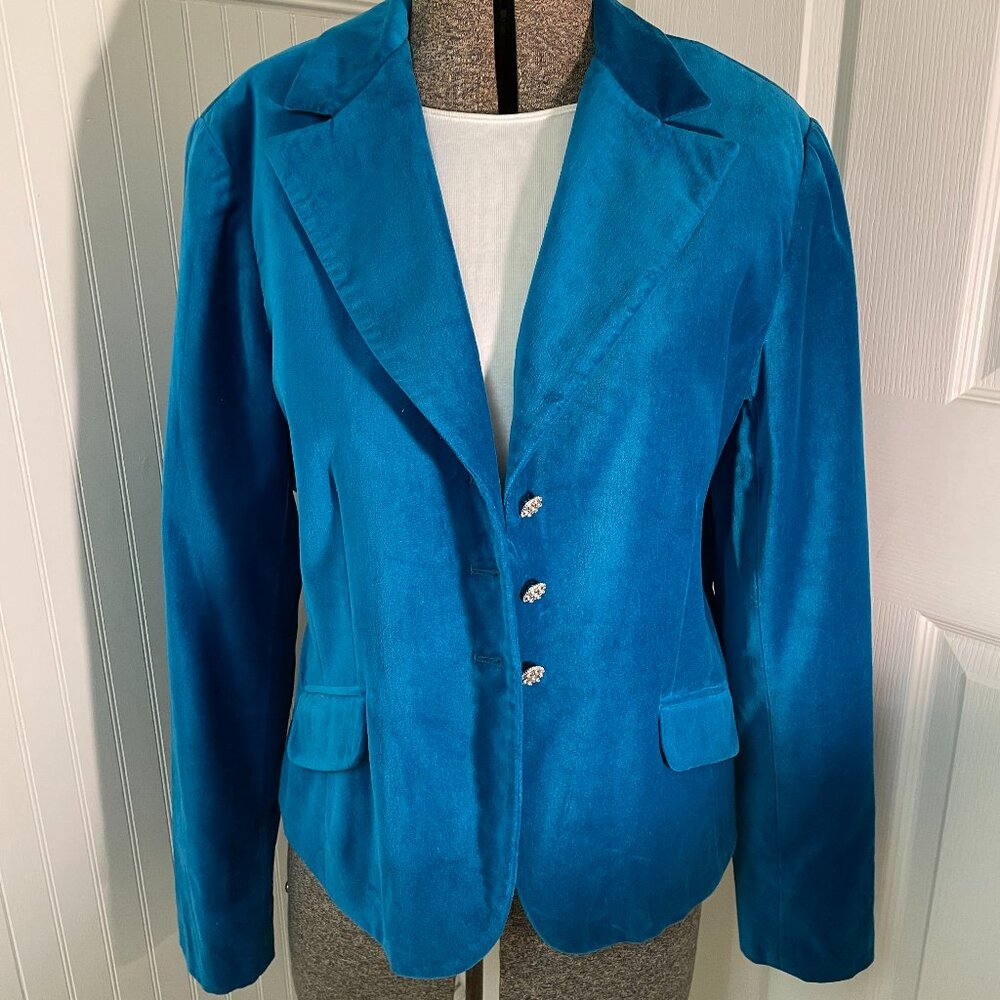 VTG GEORGE TEAL COTTON VELVET SIZE 16 JACKET WITH JEWELED BUTTONS
